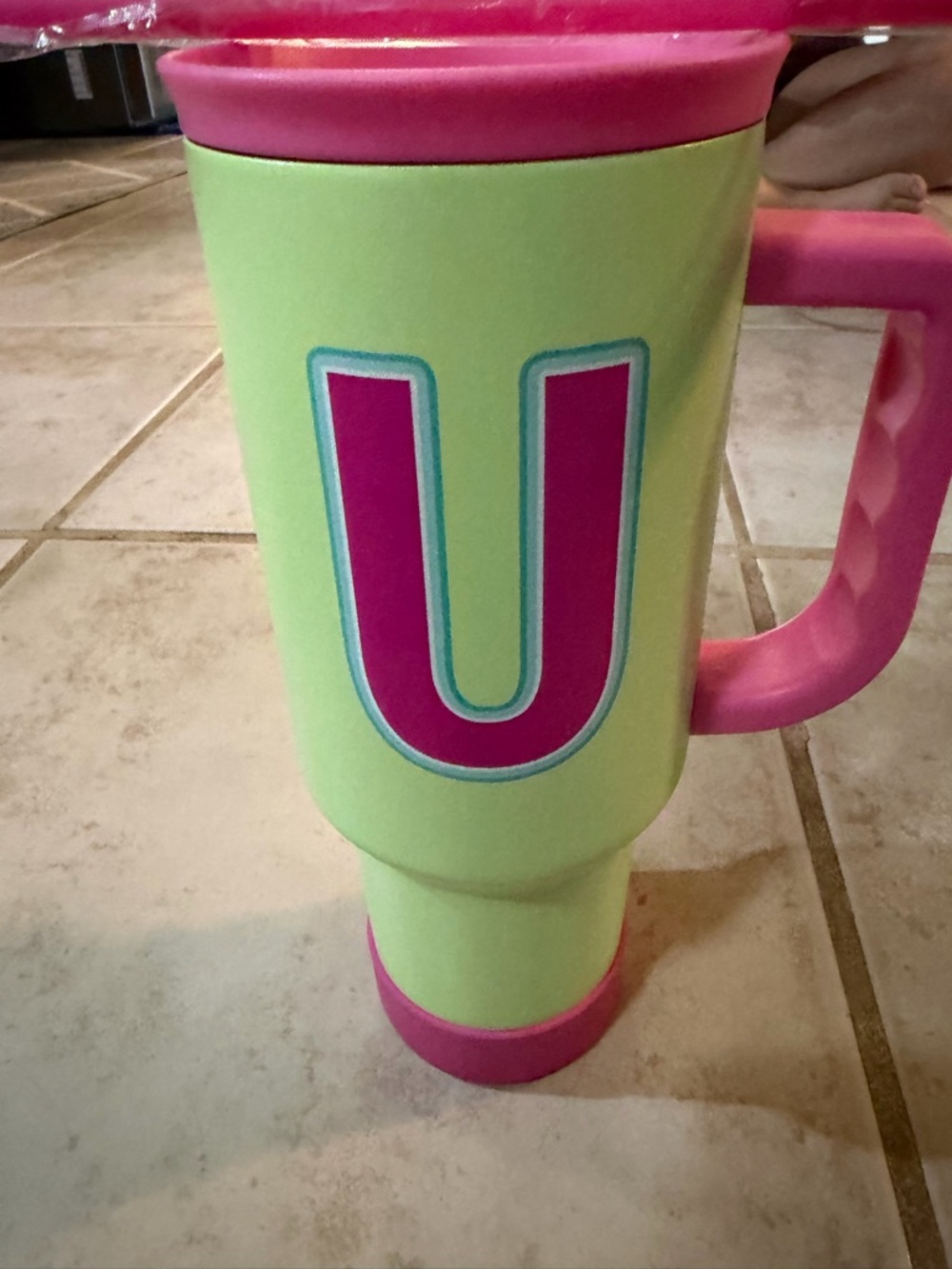 Monogram 'U' Travel Mug in Lime & Pink - Brand Unknown
